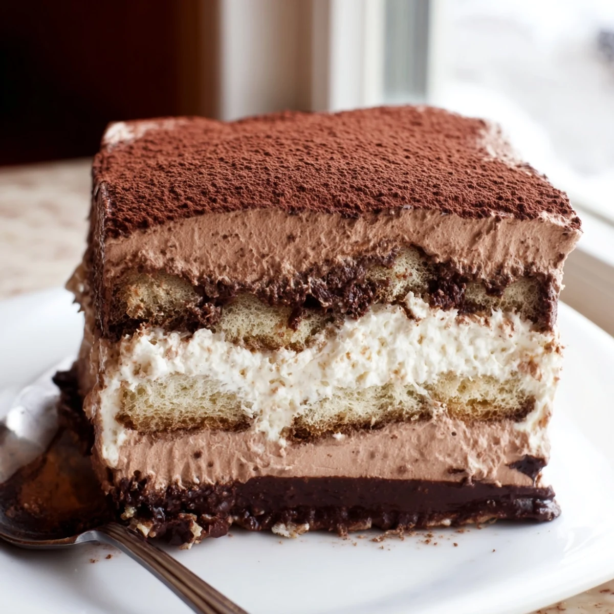 Decadent chocolate mousse tiramisu topped with a generous dusting of dark cocoa powder