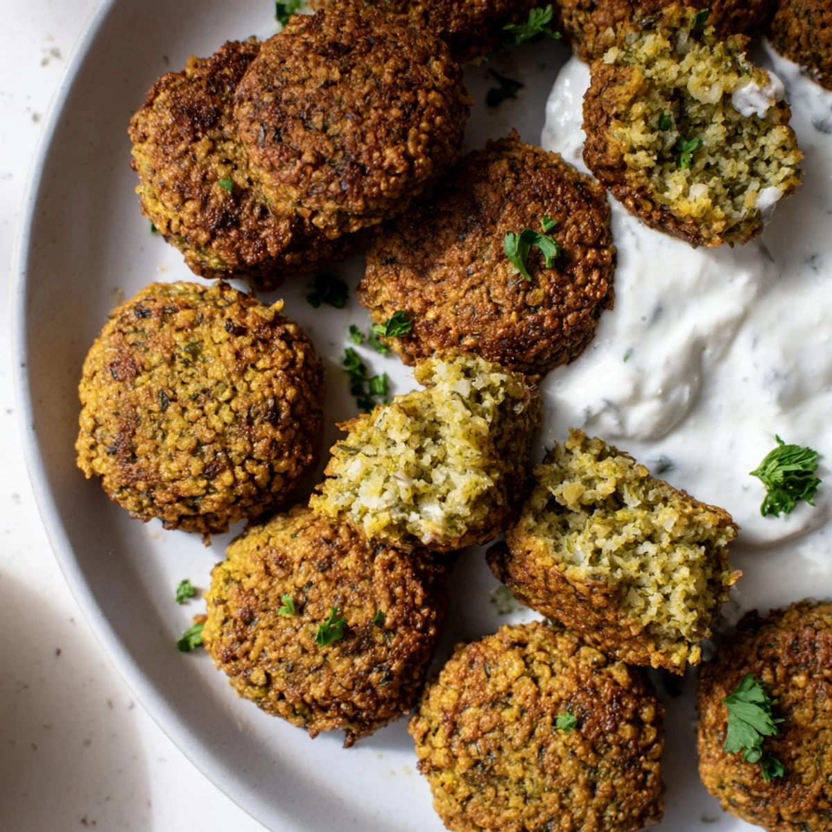 Crispy herb falafel bites plated with creamy white garlic yogurt dipping sauce