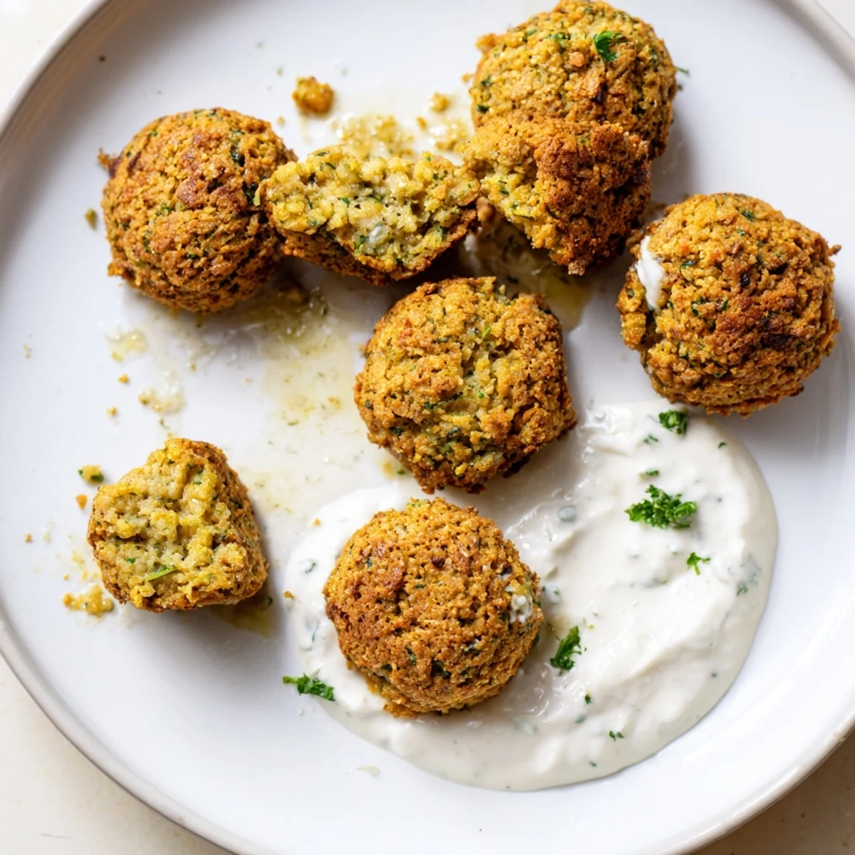 Fresh parsley-topped crispy herb falafel bites arranged on parchment with yogurt sauce nearby