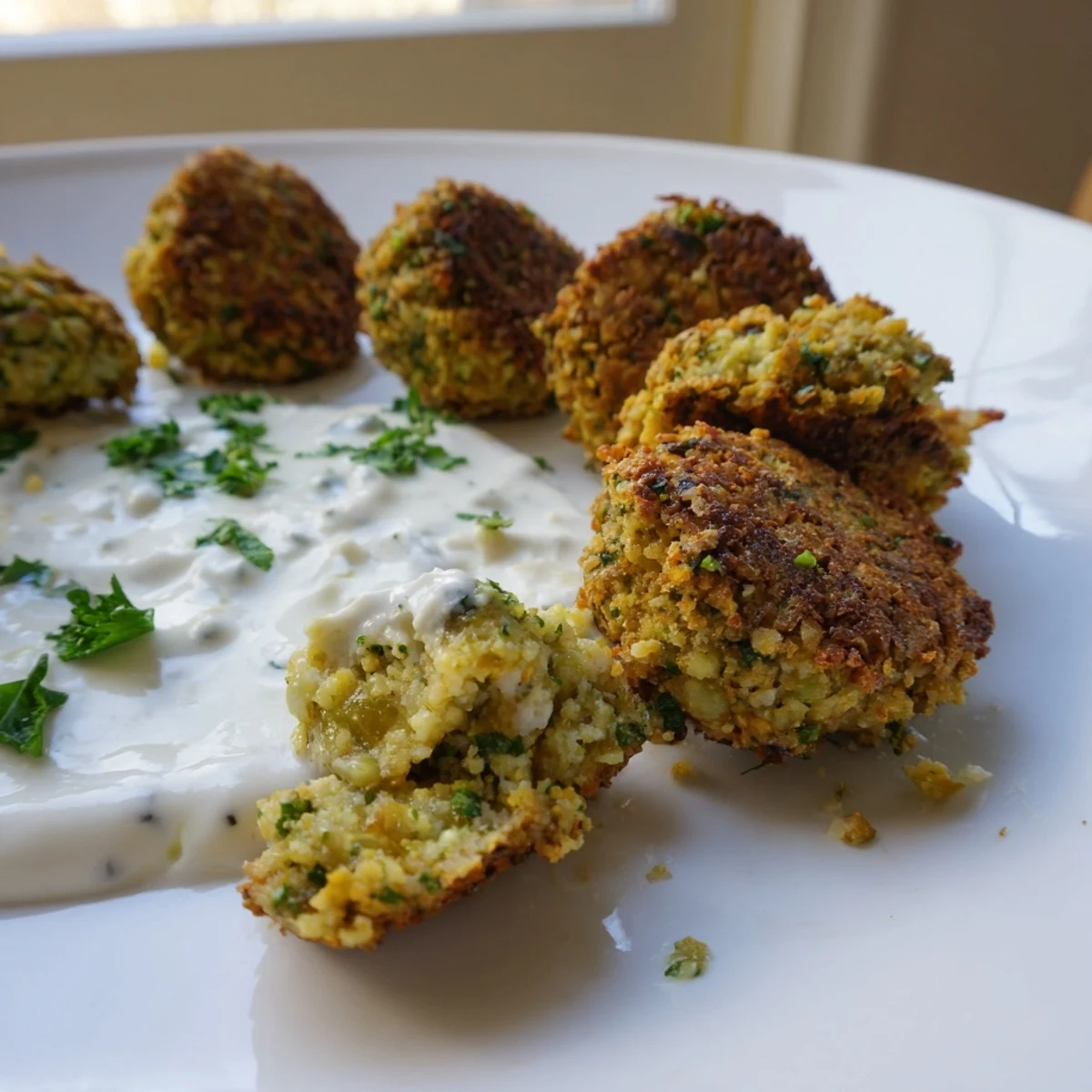 Golden brown crispy herb falafel bites nestled beside a bowl of tangy sauce