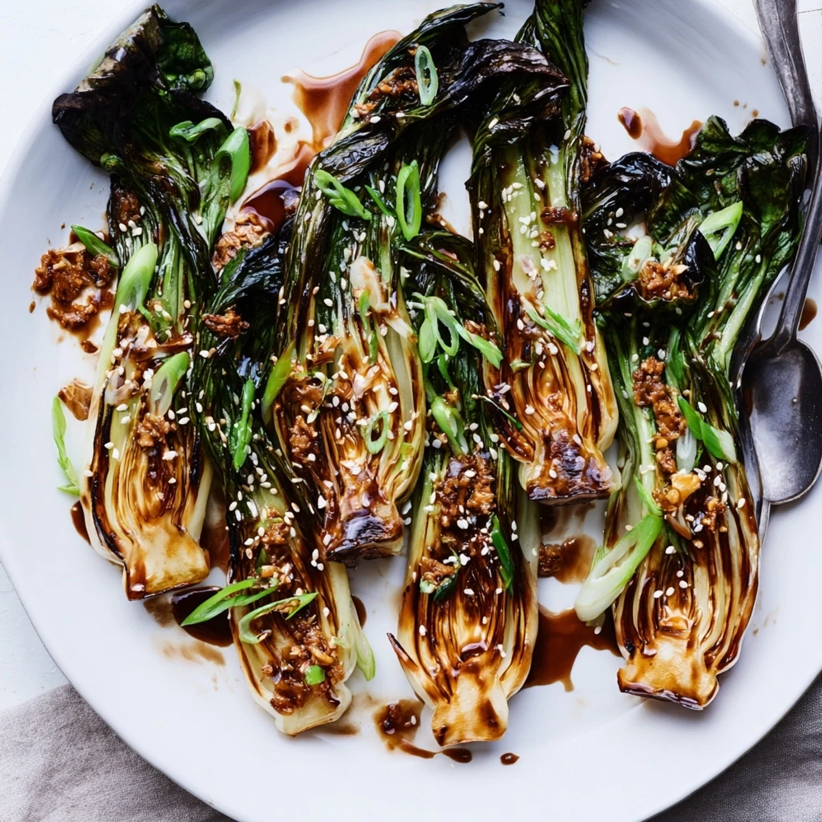 Crisp-seared baby bok choy glistening with caramelized garlic and a drizzle of sesame oil.