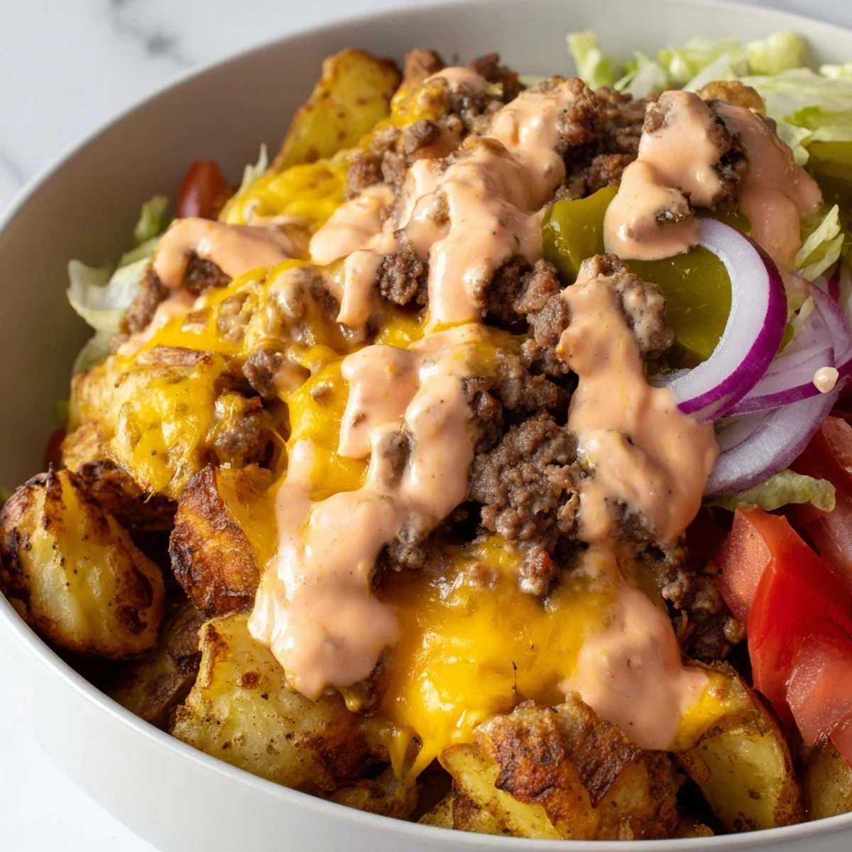 Loaded Smash Burger Bowls topped with crispy golden potatoes and drizzled creamy special sauce