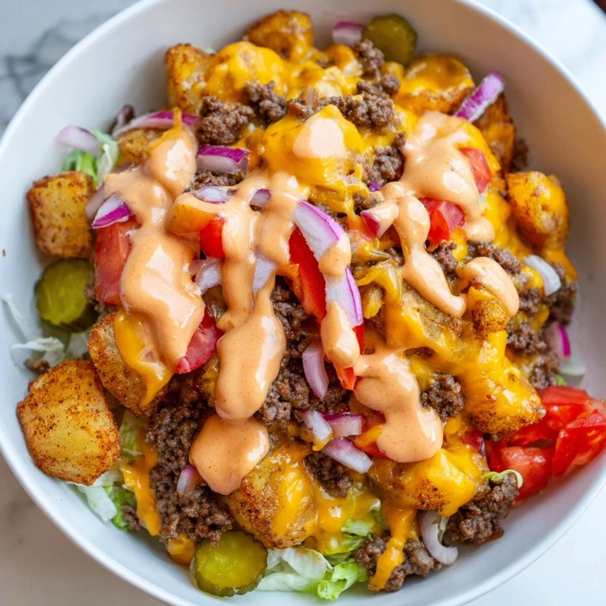 Hearty Loaded Smash Burger Bowls featuring seared beef crumbled potatoes melted cheddar and tangy sauce