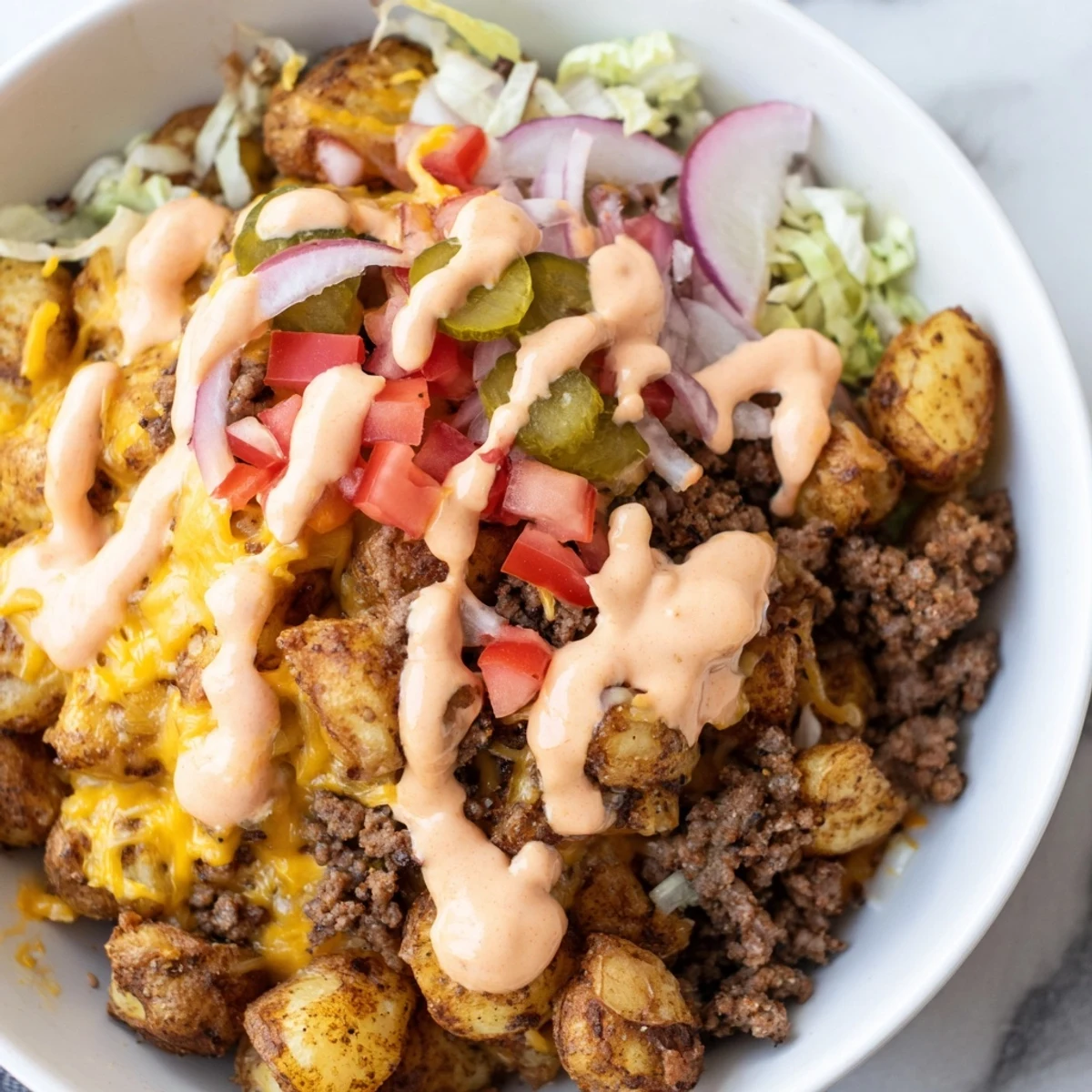 Colorful Loaded Smash Burger Bowls served in rustic dishes with fresh lettuce tomatoes and pickles