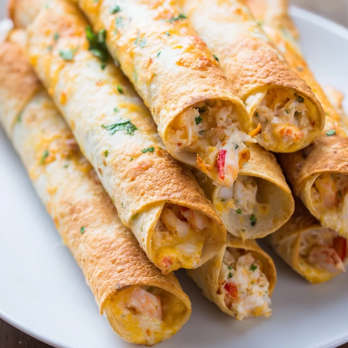 Golden crispy crab and shrimp queso taquitos arranged on a rustic white serving platter