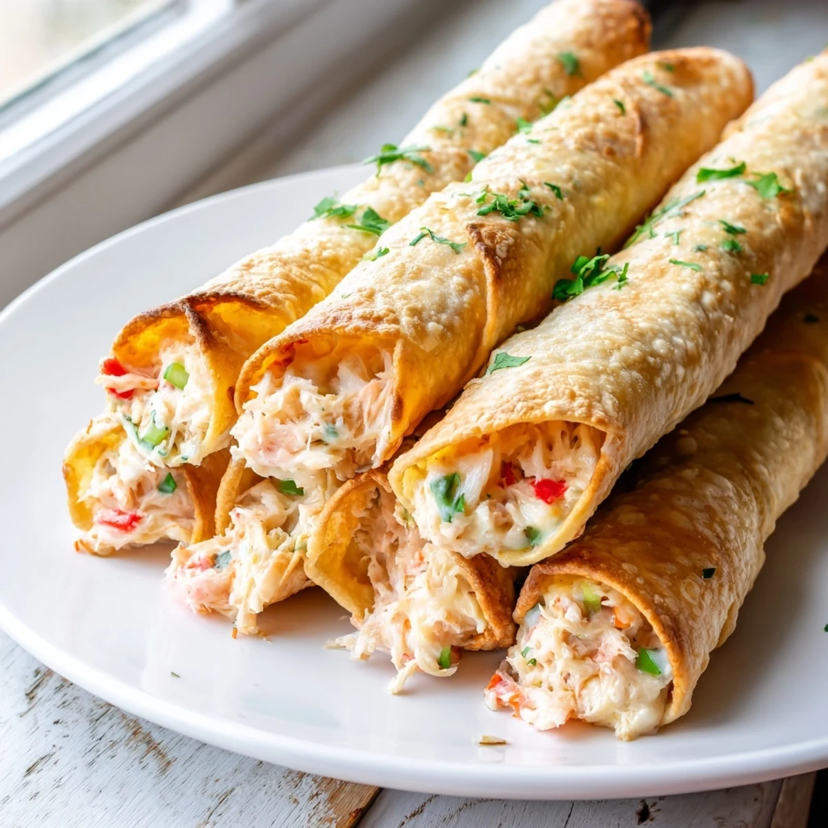 Crab and shrimp queso taquitos with melted cheese oozing from crunchy golden tortilla shells