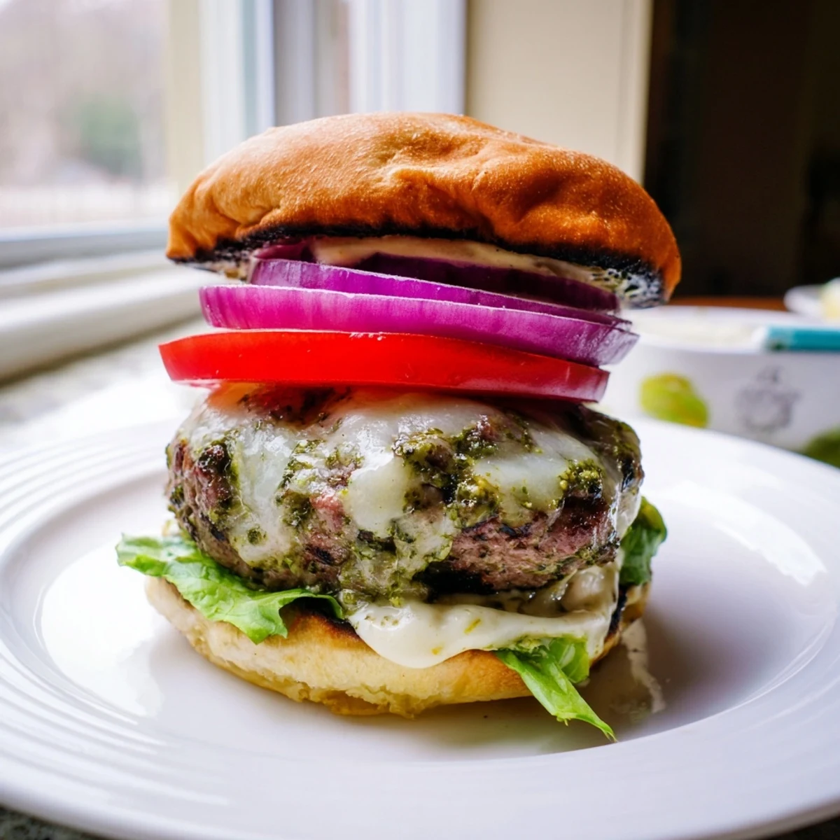 Basil pesto garlic burgers dripping with creamy garlic mayo and crisp lettuce
