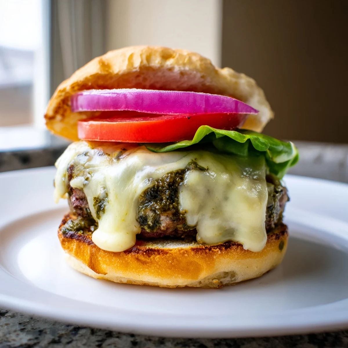 Juicy pesto garlic burgers with melted cheese on golden toasted buns