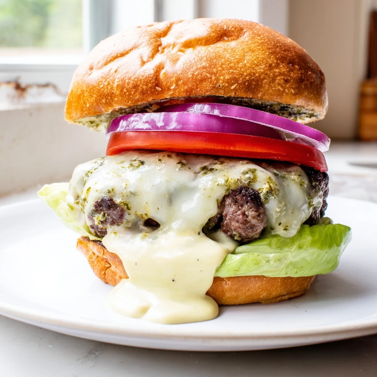 Cheesy pesto garlic burgers stacked high with tomato and tangy garlic mayo