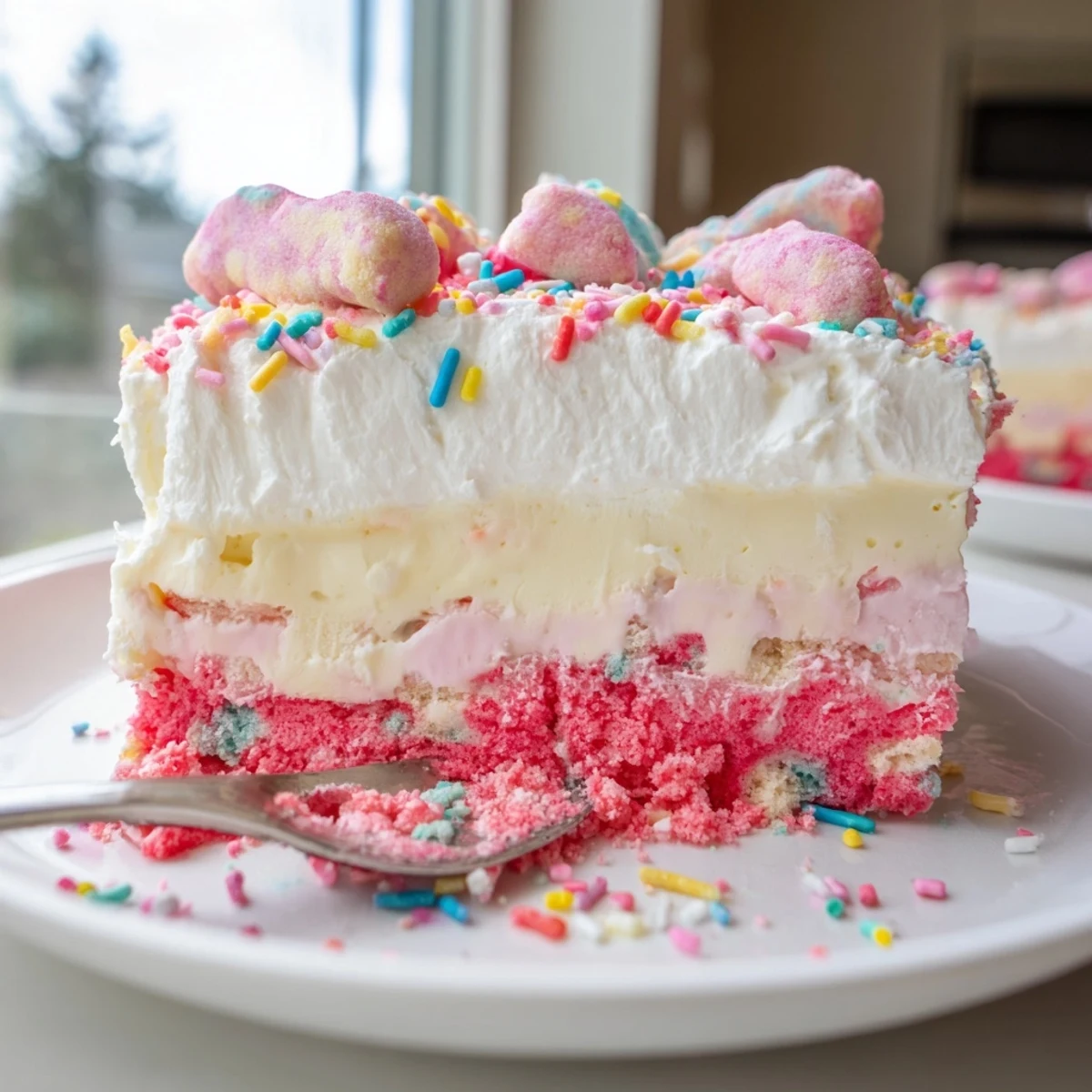 Creamy circus animal cookie lush layered dessert with pink frosted cookies on top in a 9x13 baking dish