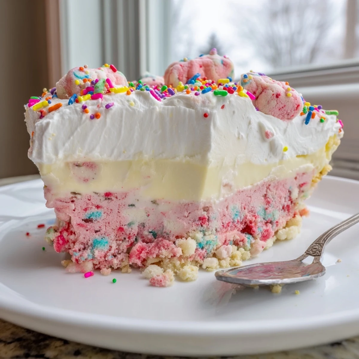 Circus animal cookie lush dessert slice revealing creamy vanilla pudding and whipped cream layers topped with sprinkles