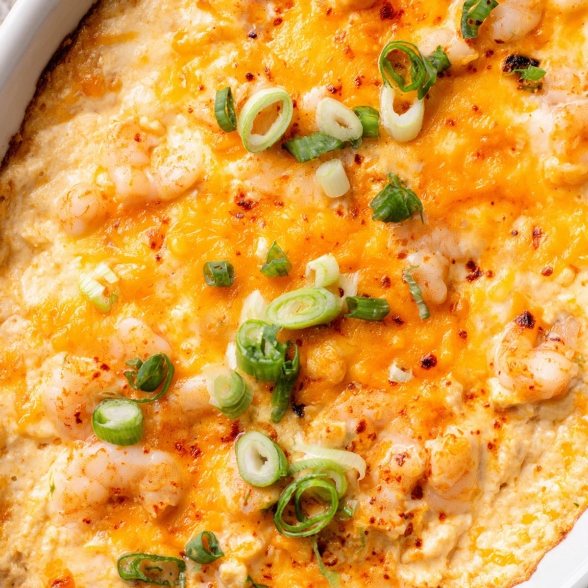 Creamy extra cheesy bang bang shrimp dip bubbling with golden melted cheddar and mozzarella