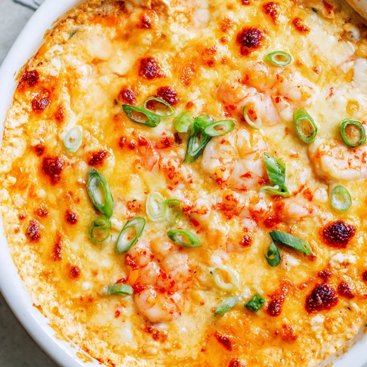 Spoonful of spicy extra cheesy bang bang shrimp dip served with crispy tortilla chips