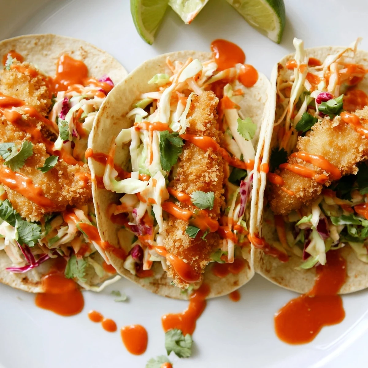 Golden crispy bang bang fish tacos drizzled with spicy sauce and topped with creamy lime slaw