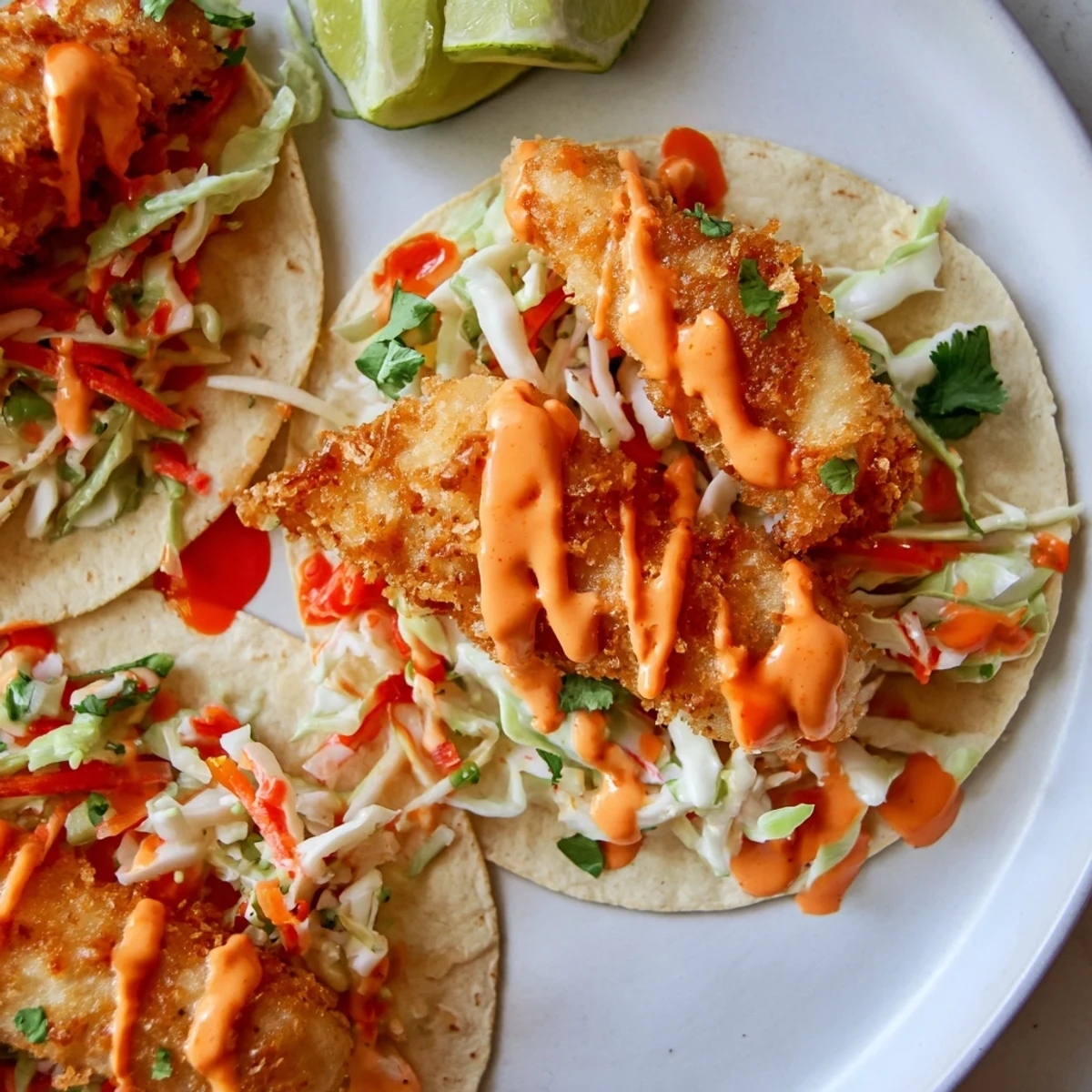 Crispy battered fish nestled in warm tortillas with zesty bang bang sauce and crunchy cabbage slaw