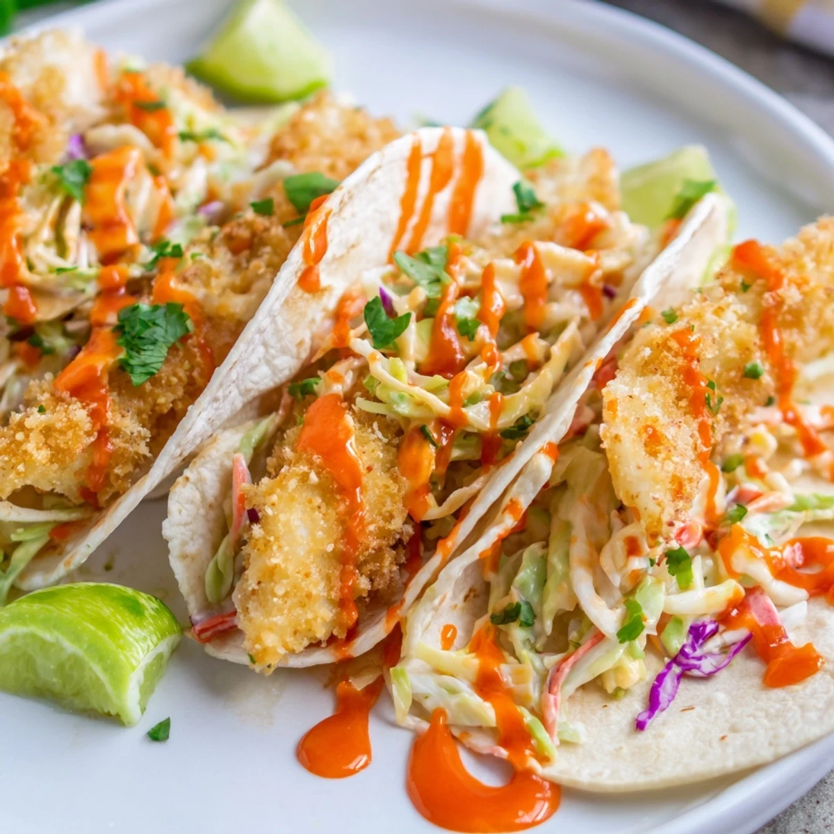 Bang bang fish tacos garnished with fresh cilantro and lime wedges on a rustic serving platter