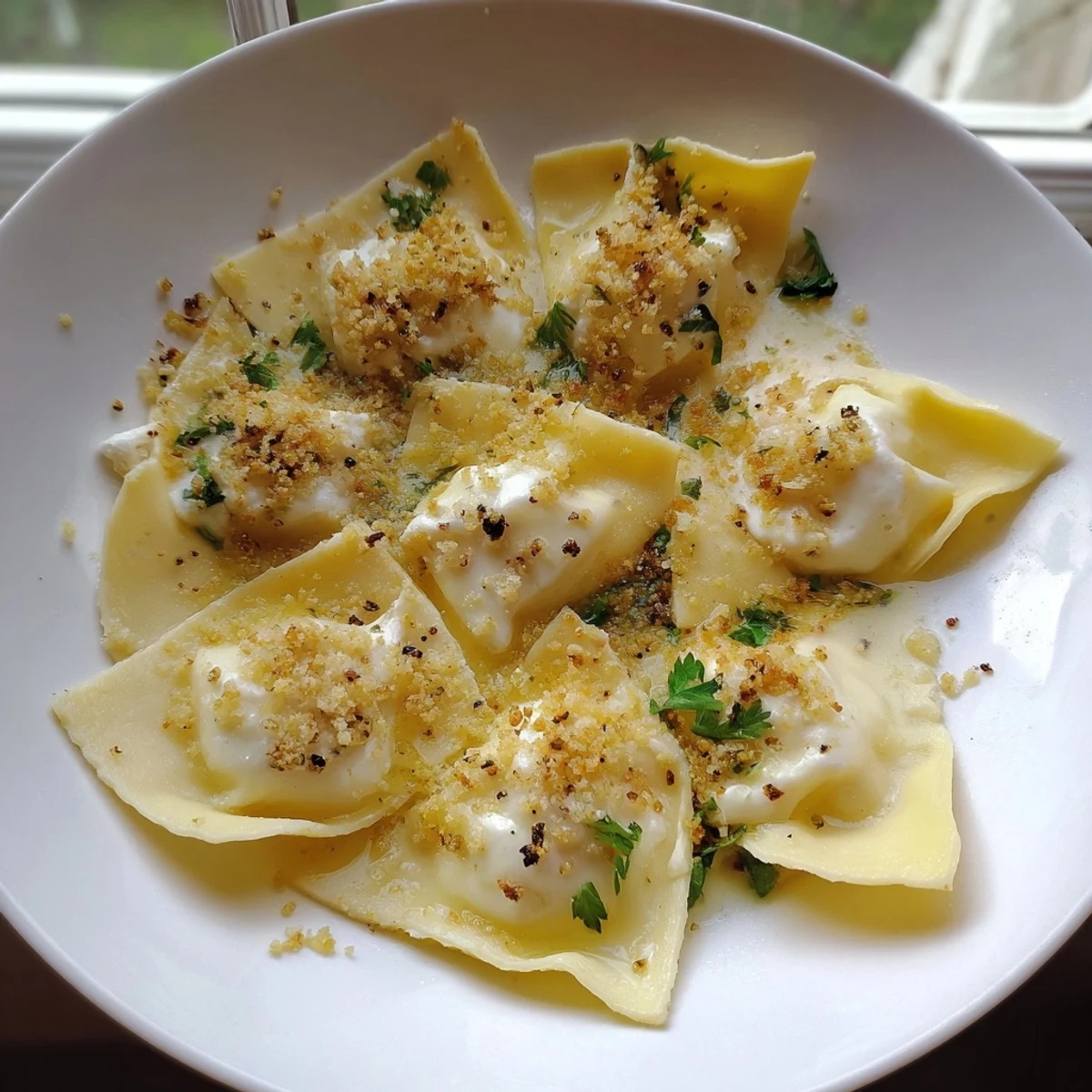 Homemade leek burrata triangoli glistening in lemon butter and crowned with toasted sourdough crumbs