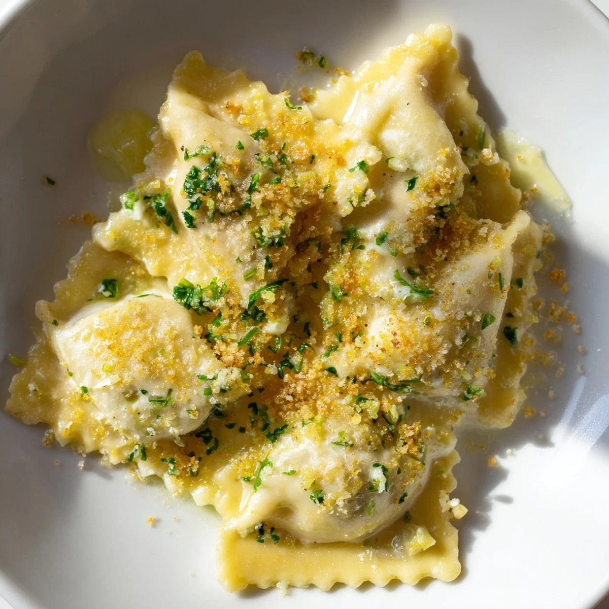 Creamy leek burrata triangoli plated on a white dish with zesty breadcrumb topping