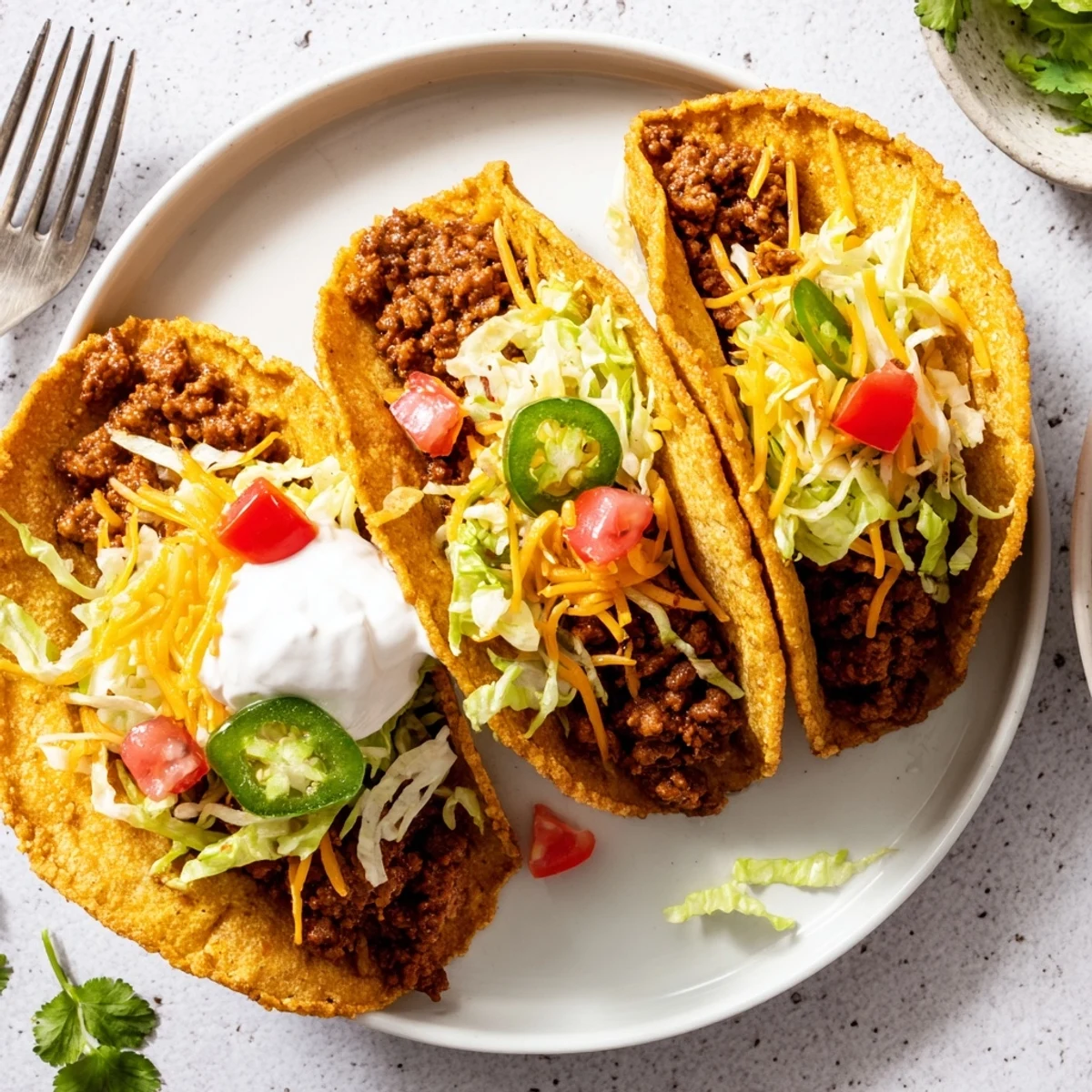 Golden crispy beef tacos loaded with seasoned meat, melted cheese, and fresh toppings