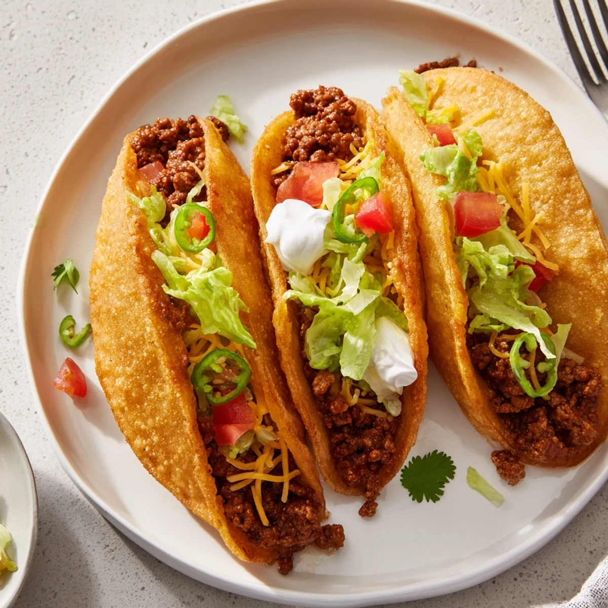 Crispy beef tacos served on a rustic plate with vibrant salsa and lime wedges