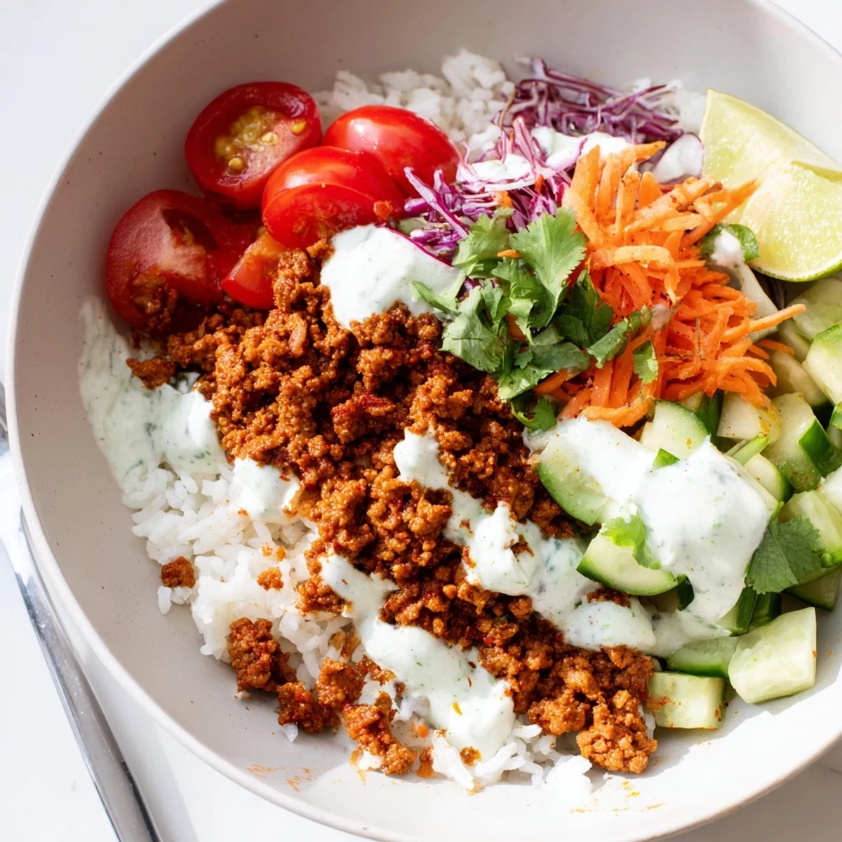 Warm spiced turkey rice bowls topped with crunchy vegetables and creamy yogurt sauce