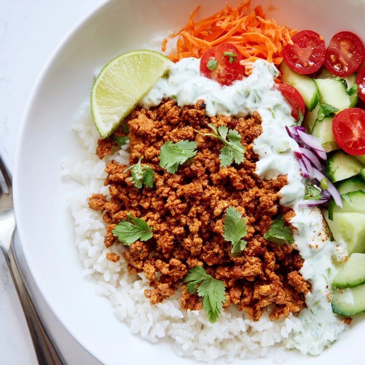 Hearty spiced turkey rice bowls garnished with fresh cilantro lime wedges and crisp slaw