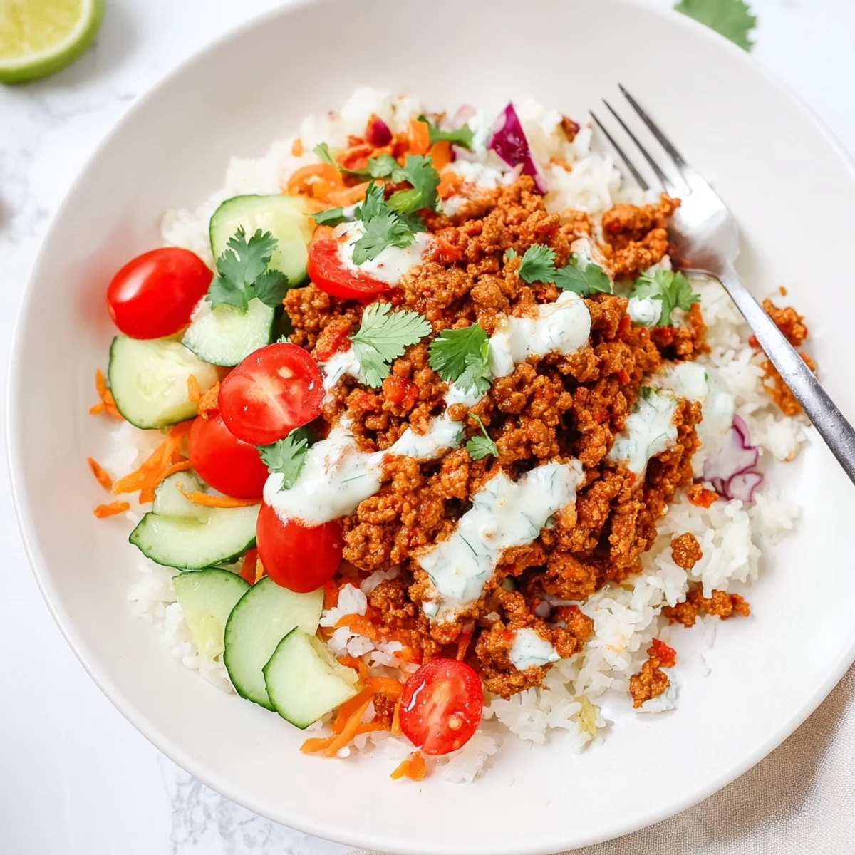 Aromatic spiced turkey rice bowls with fluffy grains colorful vegetables and zesty drizzle