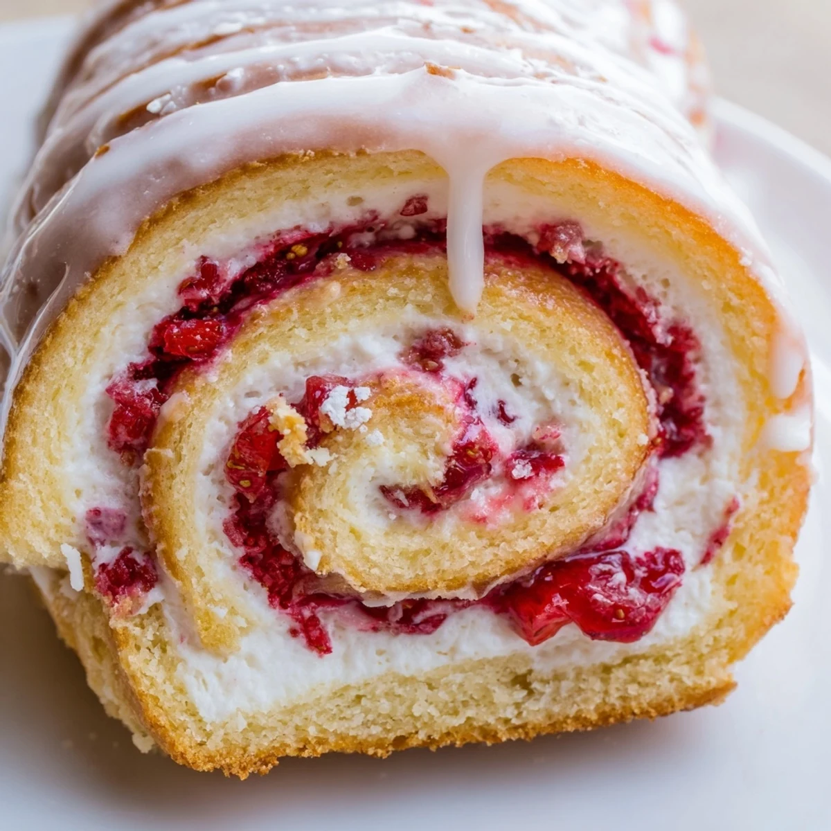 Golden strawberry cheesecake rolls drizzled with sweet vanilla glaze on a rustic plate