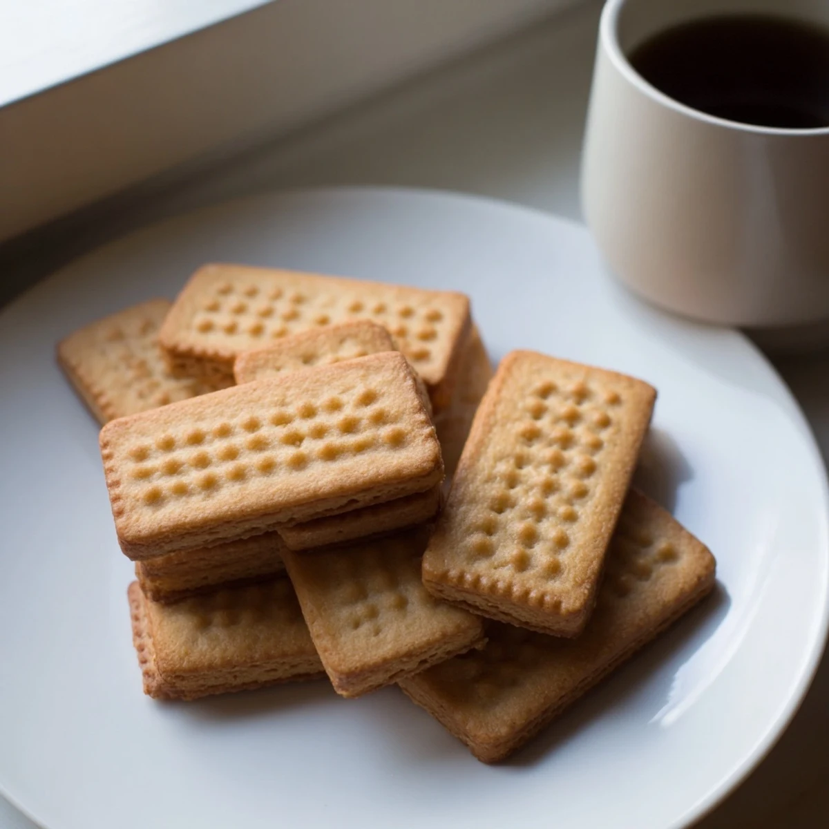 Homemade Petit Beurre cookies with fork-pricked edges stacked on parchment paper