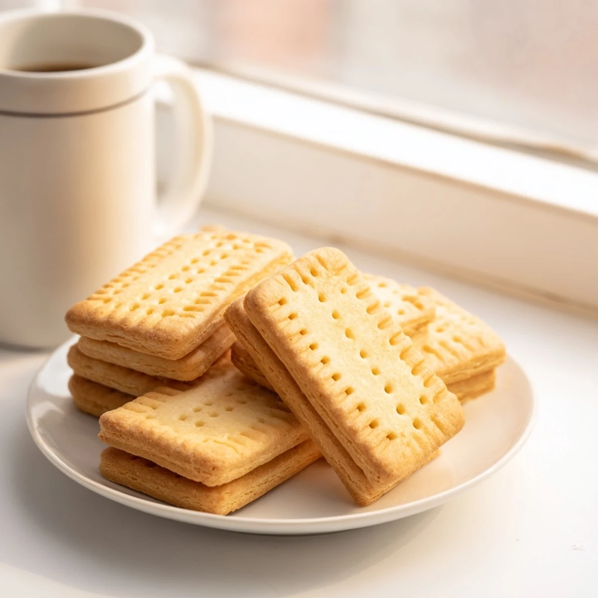 Crisp buttery Petit Beurre biscuits dusted with flour beside a teacup