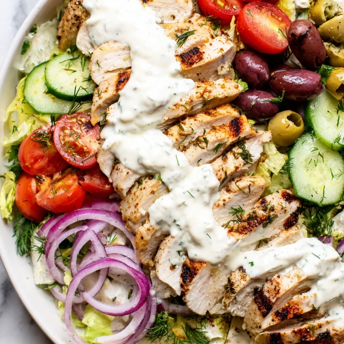 Juicy grilled Greek chicken salad topped with crisp vegetables and creamy whipped feta dressing