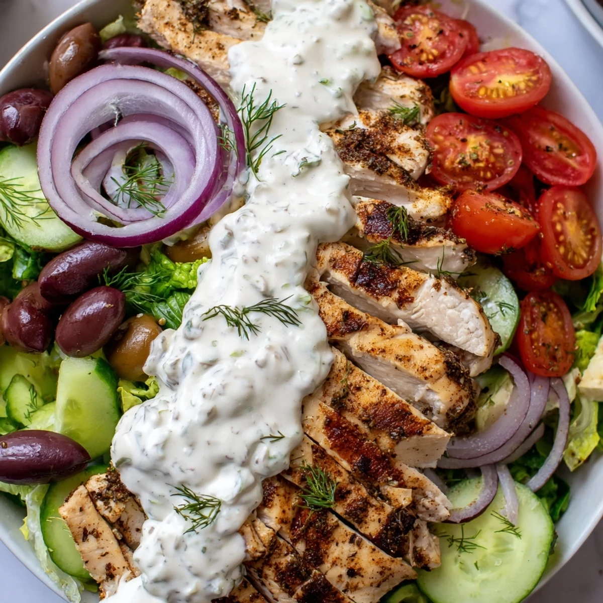 Colorful Mediterranean Greek chicken salad drizzled with tangy whipped feta over fresh romaine greens