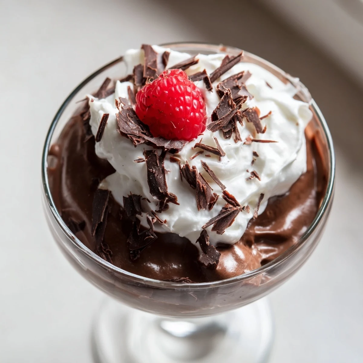 Velvety chocolate mousse served in elegant glasses topped with fresh whipped cream