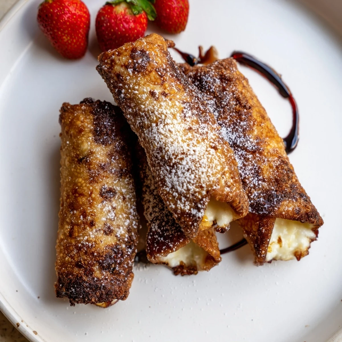 Crispy golden cheesecake egg rolls dusted with powdered sugar on a rustic plate