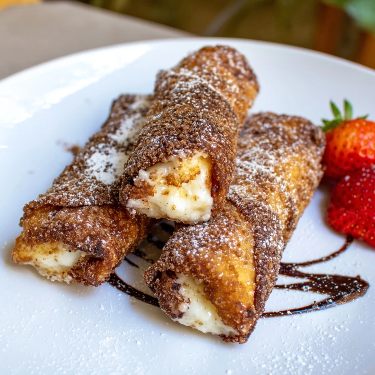 Creamy cheesecake egg rolls drizzled with chocolate sauce beside fresh ripe strawberries