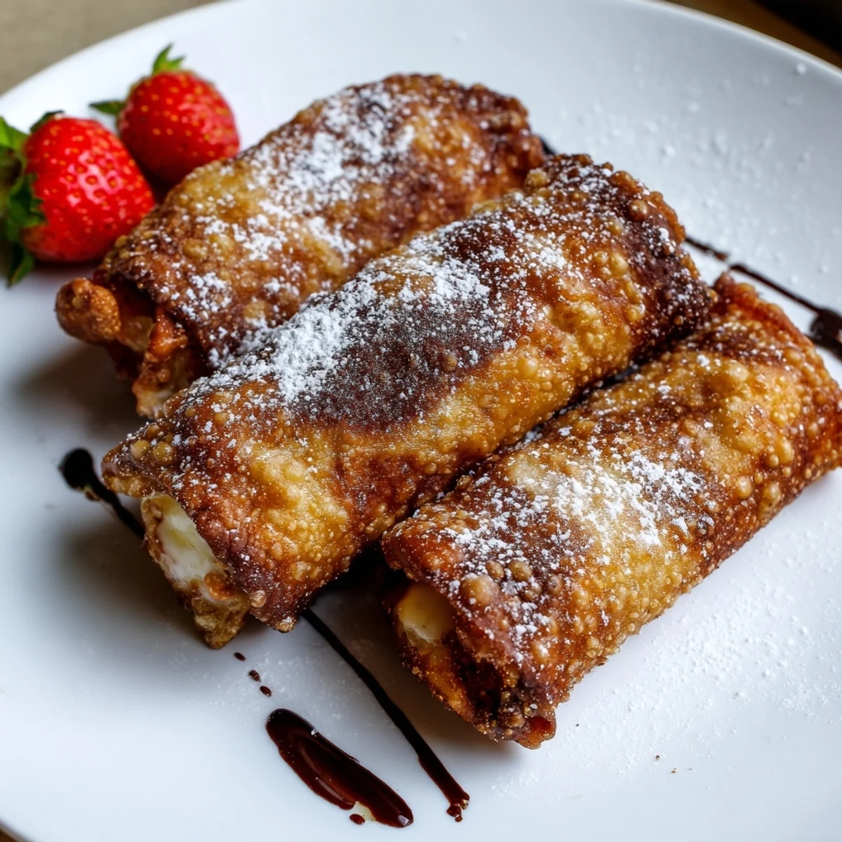 Crunchy cheesecake egg rolls served warm with berry compote in a white dish