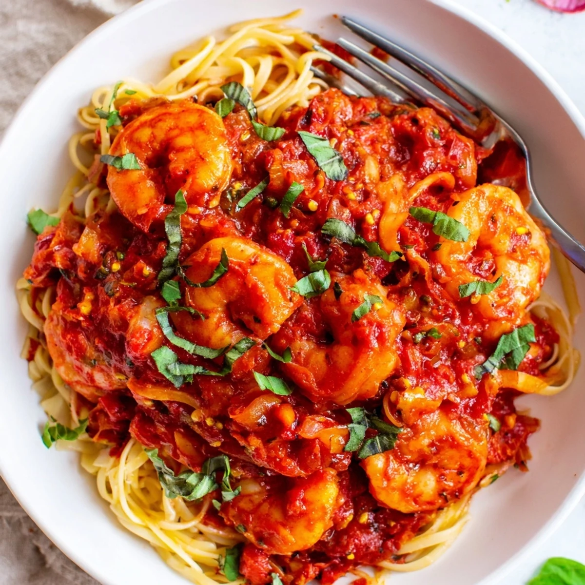 Spicy Shrimp Fra Diavolo simmered in garlicky tomato sauce over tender linguine pasta