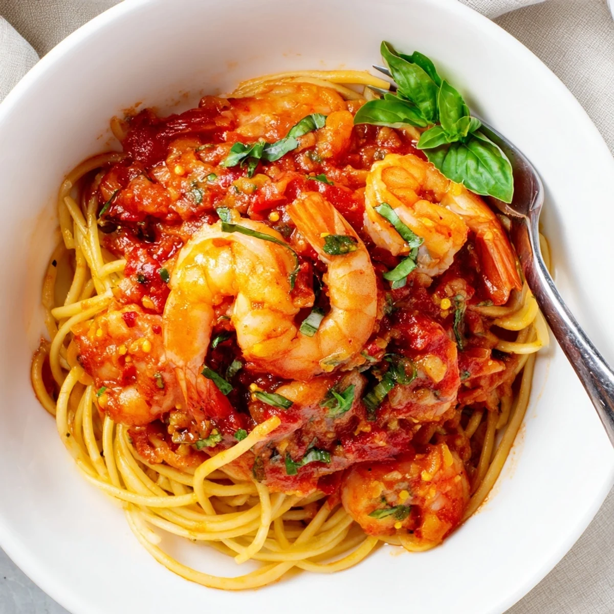 Plump shrimp in fiery red tomato sauce garnished with fresh parsley and basil