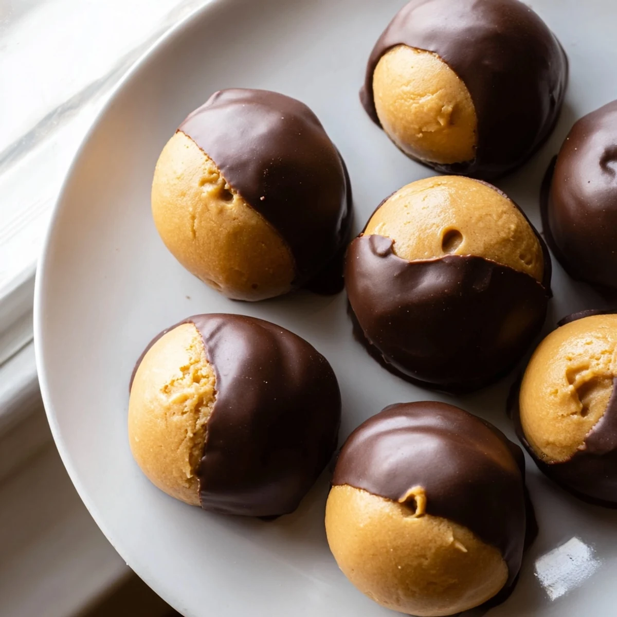 Buckeye Cookies with creamy peanut butter centers partially dipped in glossy chocolate