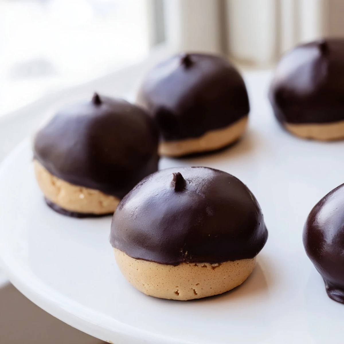 Golden peanut butter balls dipped in dark chocolate to make classic Buckeye Cookies