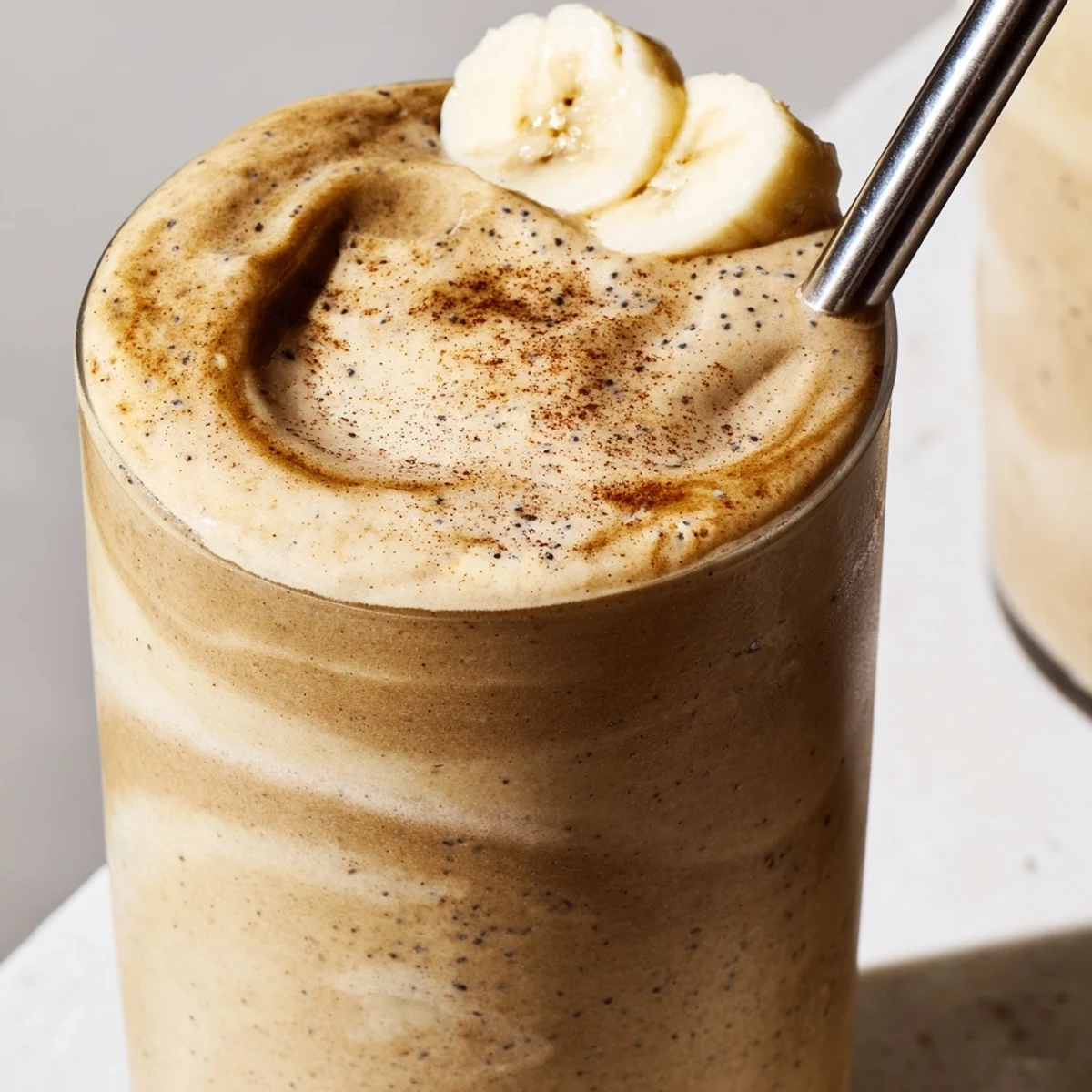 Creamy banana protein coffee smoothie topped with a sprinkle of cinnamon in a glass