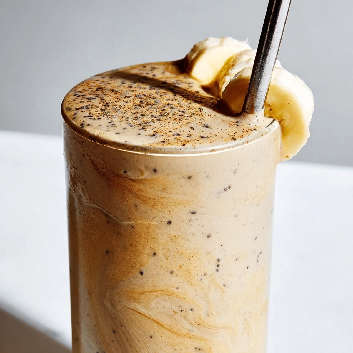 Frosted glass holding a rich banana protein coffee smoothie garnished with banana slices