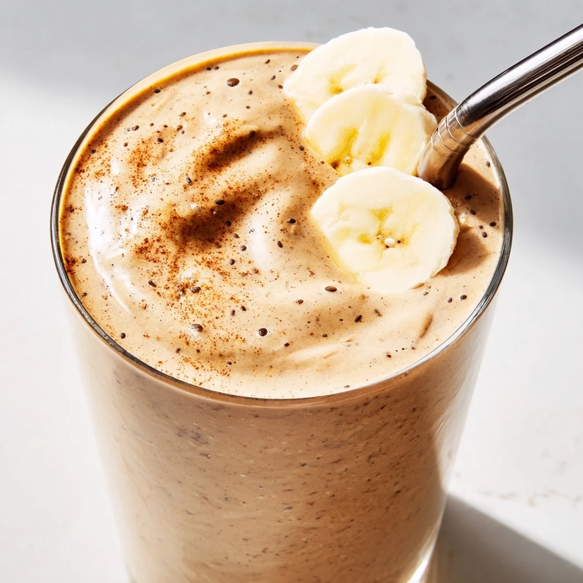 Thick banana protein coffee smoothie poured into a tall mason jar with ice