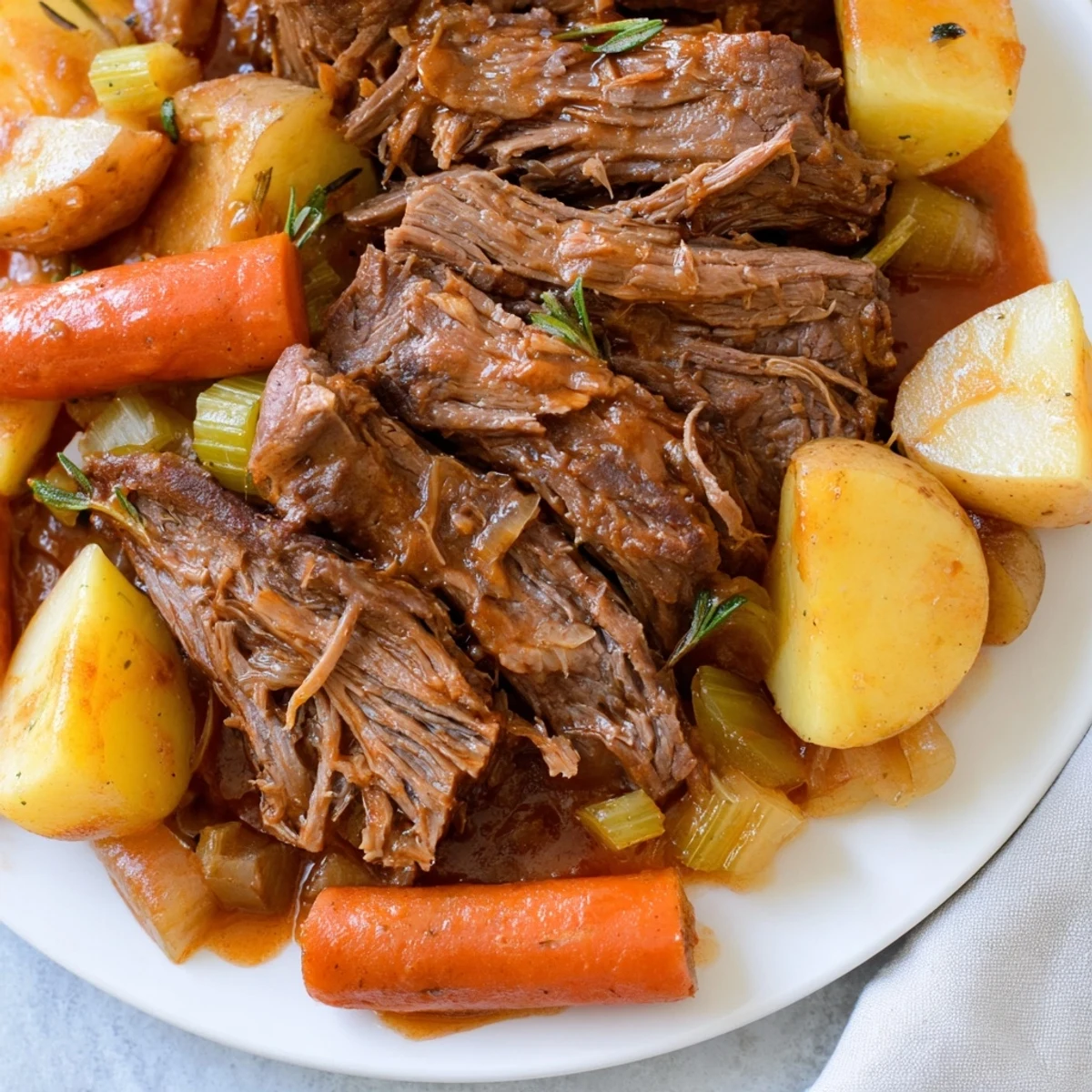 Fork-tender perfect pot roast with caramelized root vegetables drizzled with savory herb jus