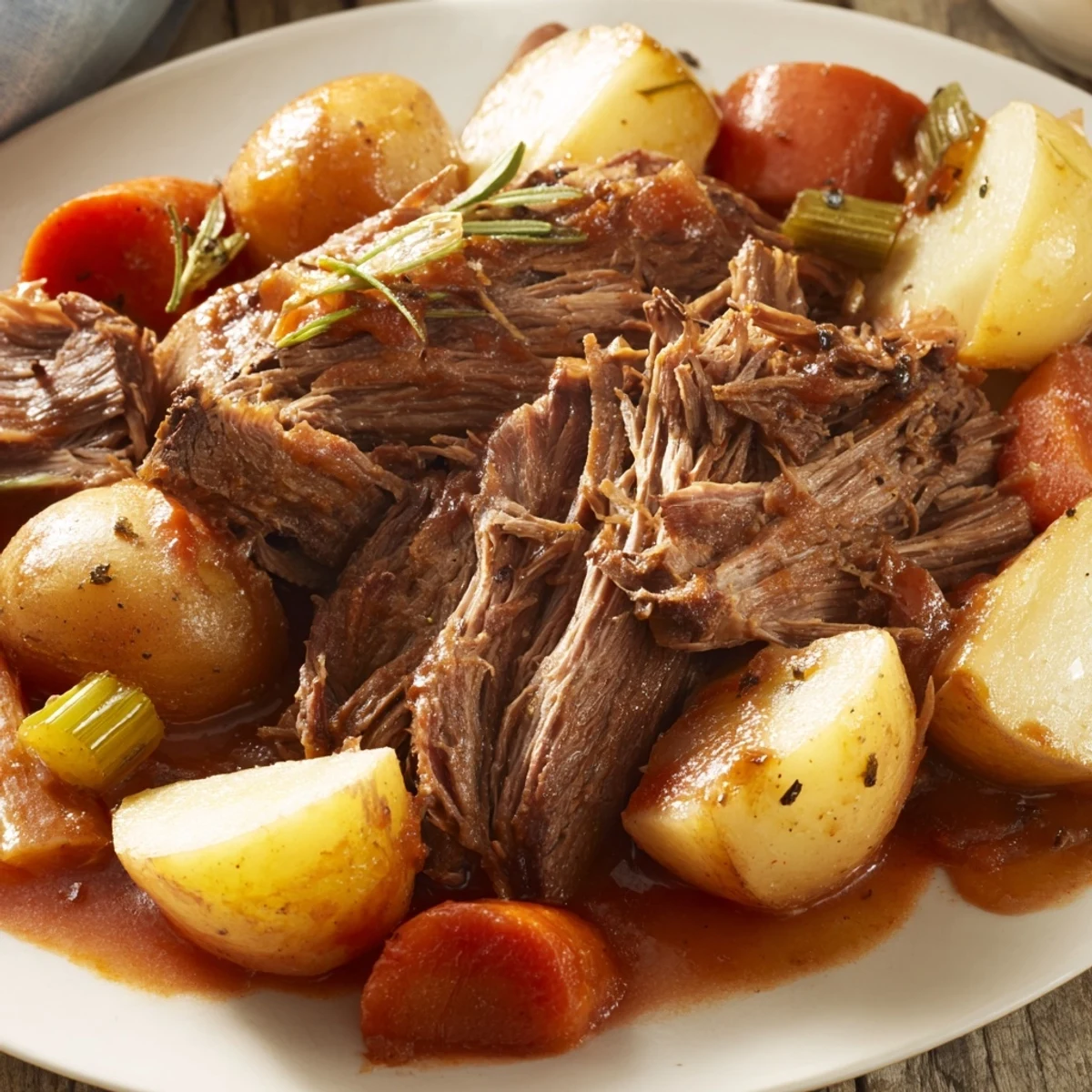 Perfect pot roast surrounded by tender carrots and potatoes in rich pan gravy