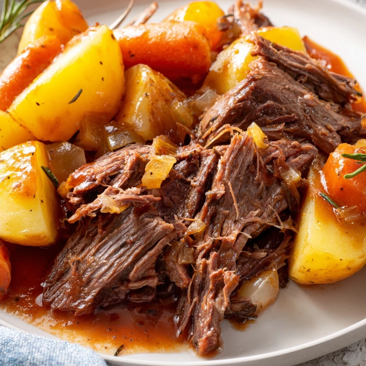 Hearty perfect pot roast sliced thick and served over buttery quartered Yukon potatoes