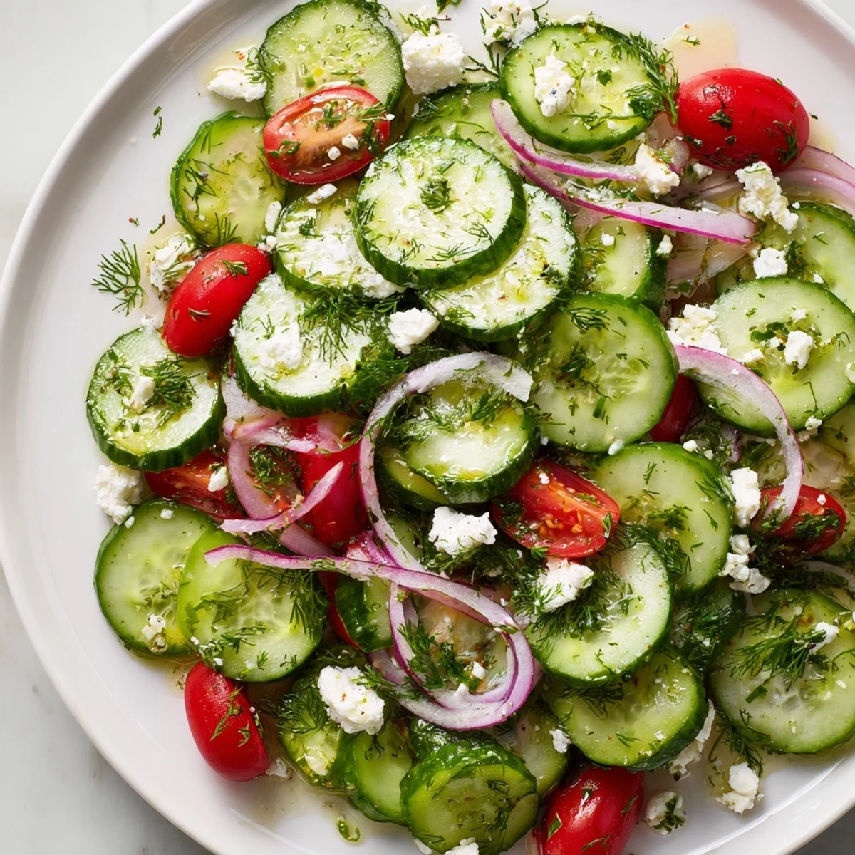 Creamy crumbled feta tops a bright feta cucumber herb salad with fresh dill and cherry tomatoes.