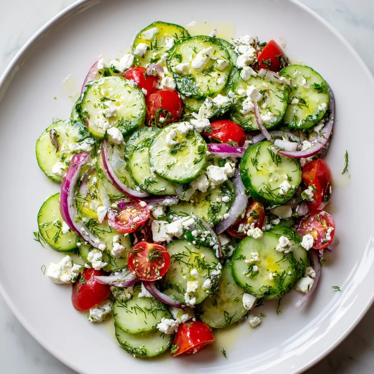 Tossed in tangy lemon dressing, this feta cucumber herb salad gleams with mint and olive oil.