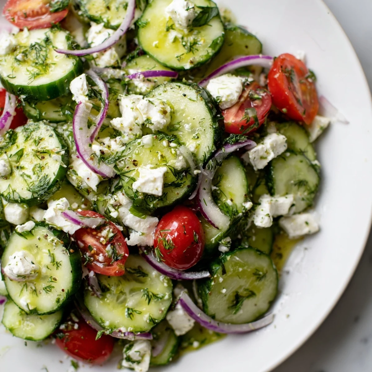 Crunchy cucumber slices and vibrant herbs coat this refreshing feta cucumber herb salad served chilled.