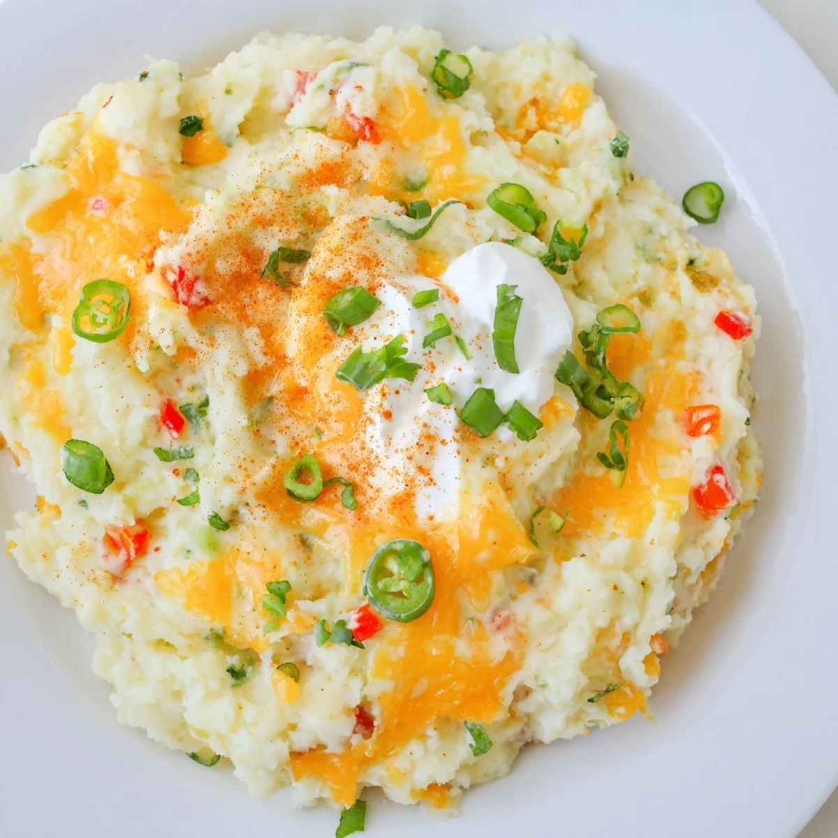 Spicy Tex Mex mashed potatoes served steaming in a rustic bowl with peppers